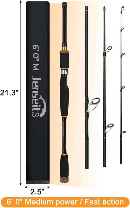 6'0" Travel Spinning Rod - 4-Piece Medium Power Carbon Fiber Design with 7 Ceramic Guides and EVA Handle | Jenseits