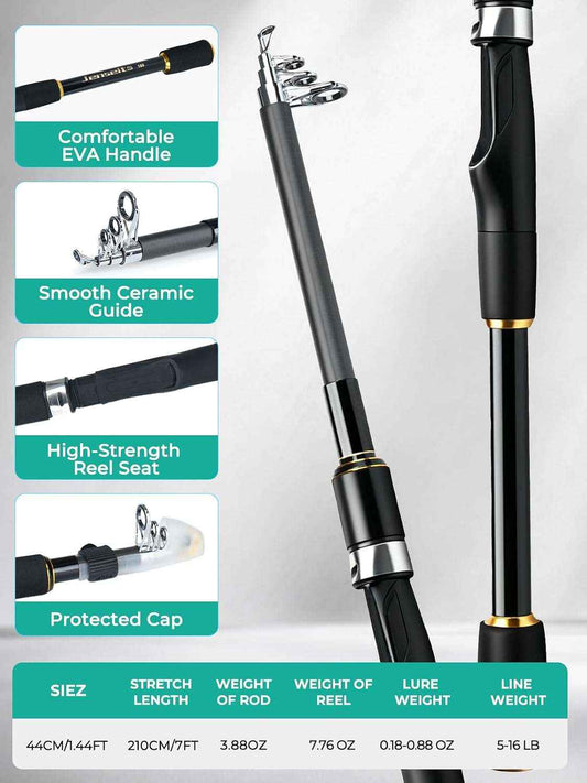 7’0” Telescopic Spinning Rod and Reel Combo with Lures, Line & Carrier Bag | Jenseits