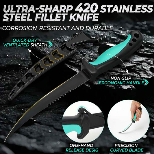 6-Piece Fishing Tool Set - 420 Stainless Steel with Fillet Knife, Pliers, Fish Gripper, Scale, Fish Stringer & Floating Lanyard | Jenseits
