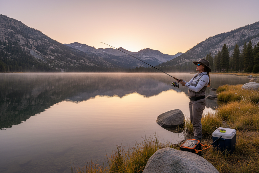 An American angler fishing on a California lake or coastal pier, with fishing gear and California scenery in the background.