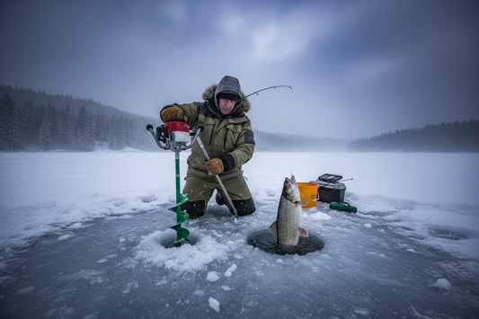 Angler catching lake whitefish during ice fishing season