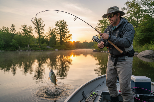 Angler catching white perch on a freshwater lake