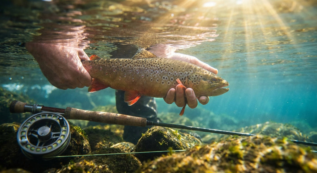 An angler gently holds a healthy trout just beneath the surface of a clear, sunlit river, moments before releasing it back into the water.