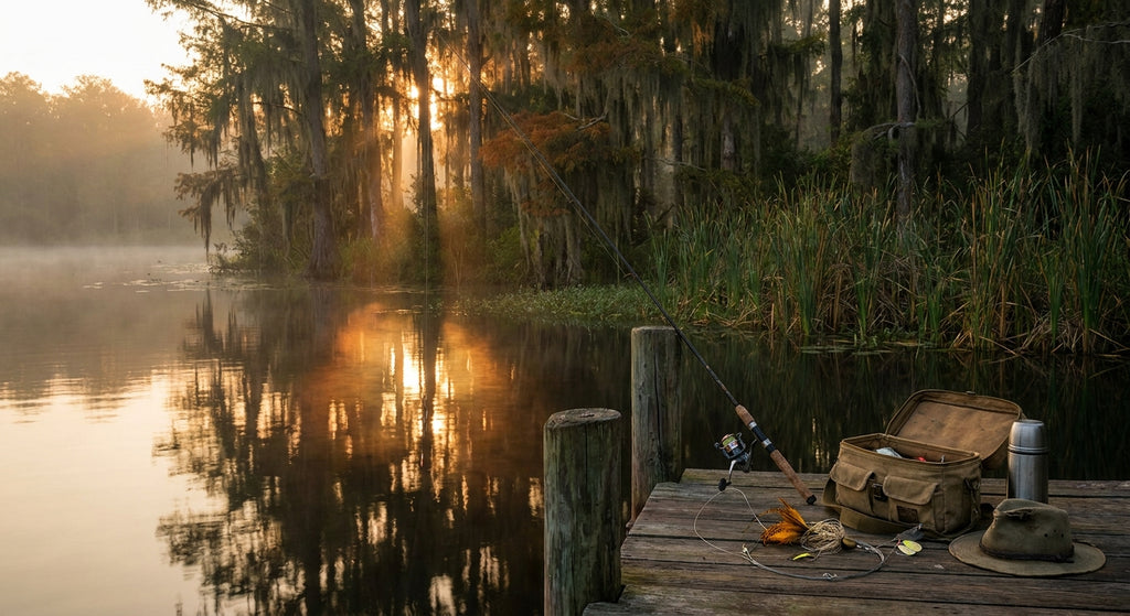 A fishing rod and tackle setup resting on a misty lakeside dock at golden hour, surrounded by reeds and dark calm water ideal for pike fishing.