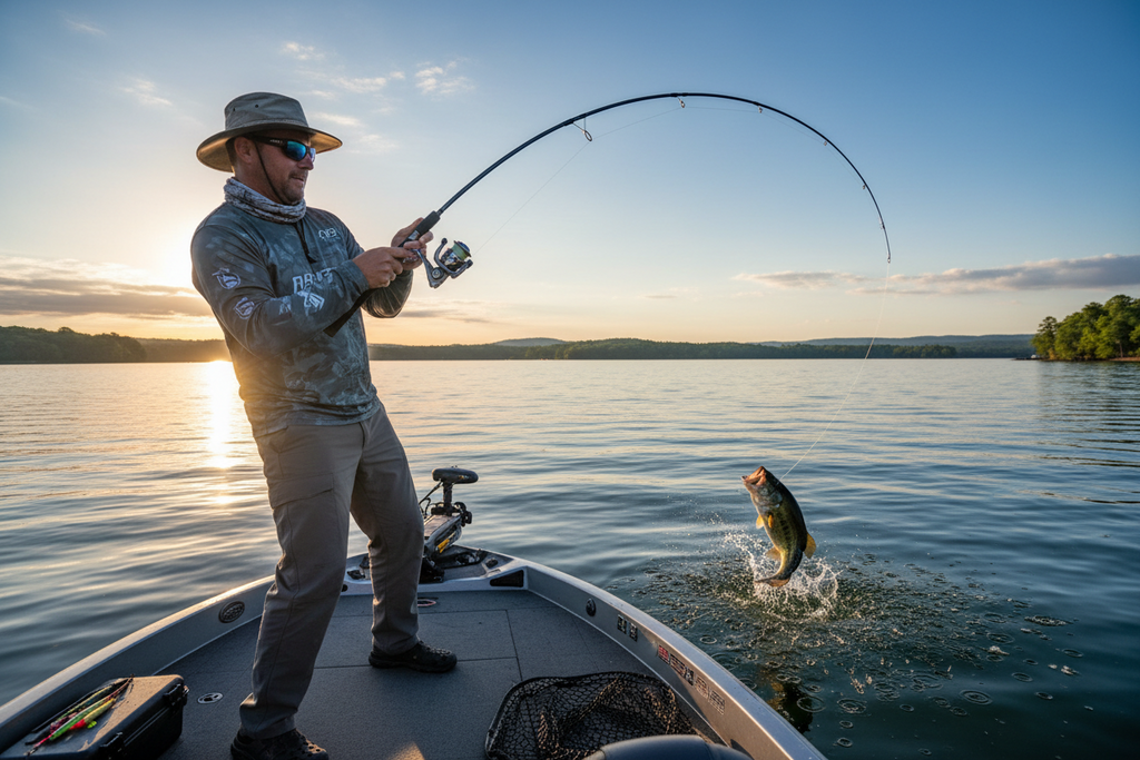 Angler reeling in a largemouth bass using proper fishing technique
