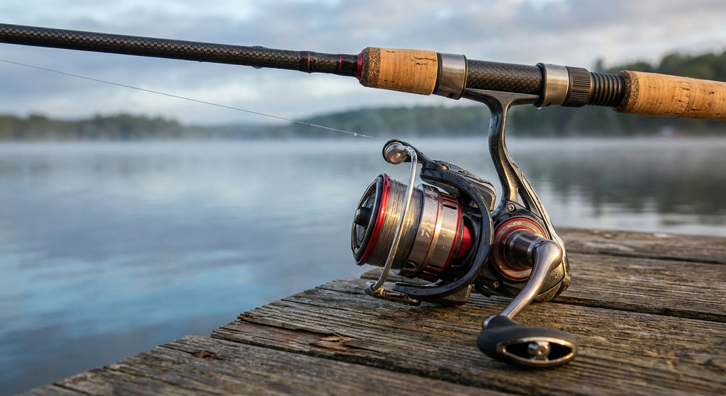 A close-up of a precision spinning reel on a fishing rod resting on a dock, with a misty lake visible in the soft-focus background.