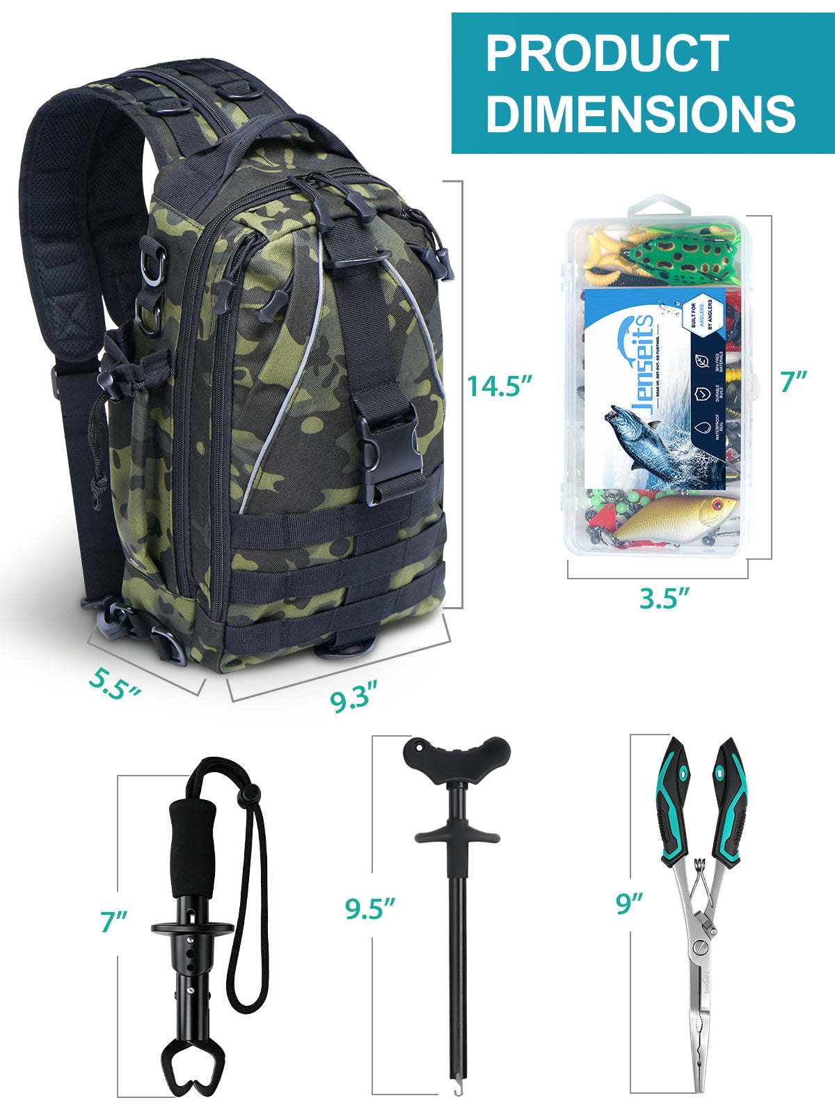 Jenseits Fishing Backpack Kit with Tackle Box, Pliers and Fish Gripper