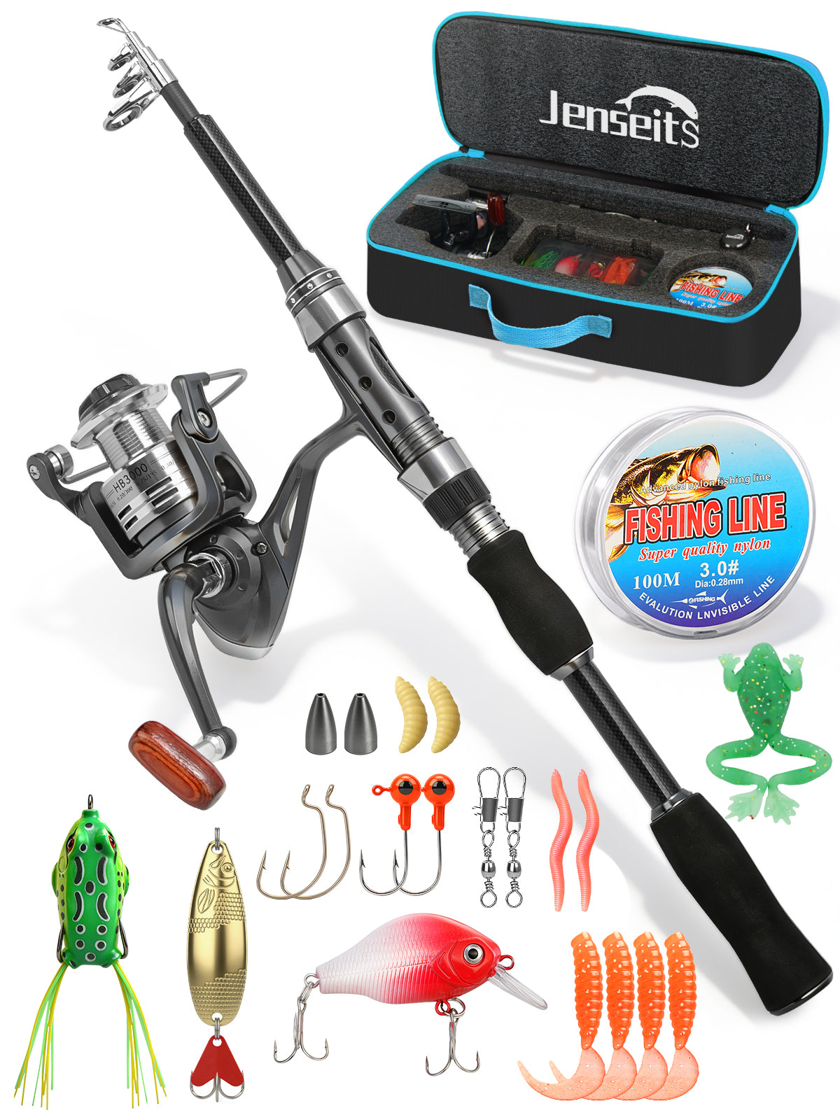 6’0” Telescopic Spinning Rod and Reel Combo - Medium Power, 24-Ton Carbon Fiber, with Lures, Line & Carrier Bag | Jenseits