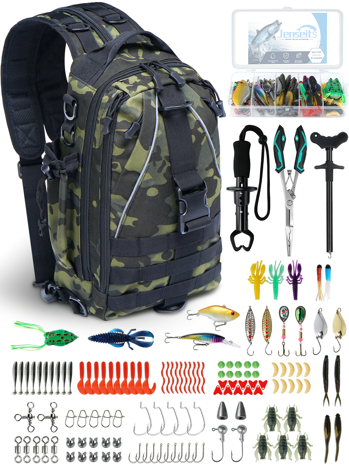 Jenseits Fishing Backpack Kit with Tackle Box, Pliers and Fish Gripper
