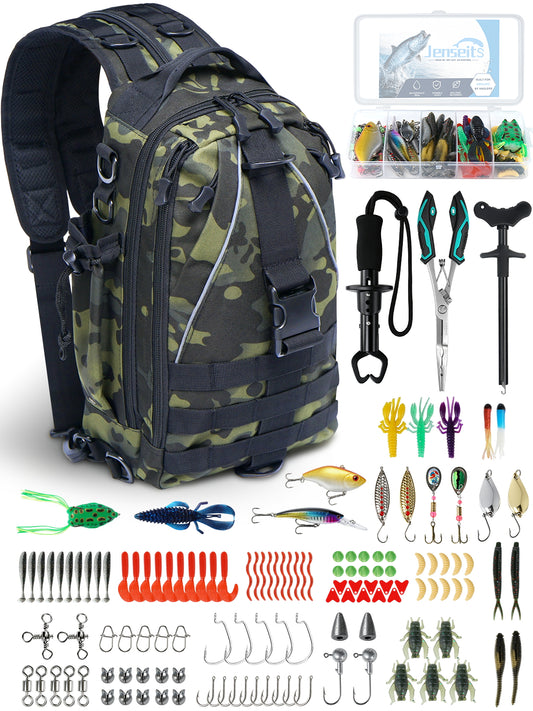 Jenseits Fishing Backpack Kit with Tackle Box, Pliers and Fish Gripper
