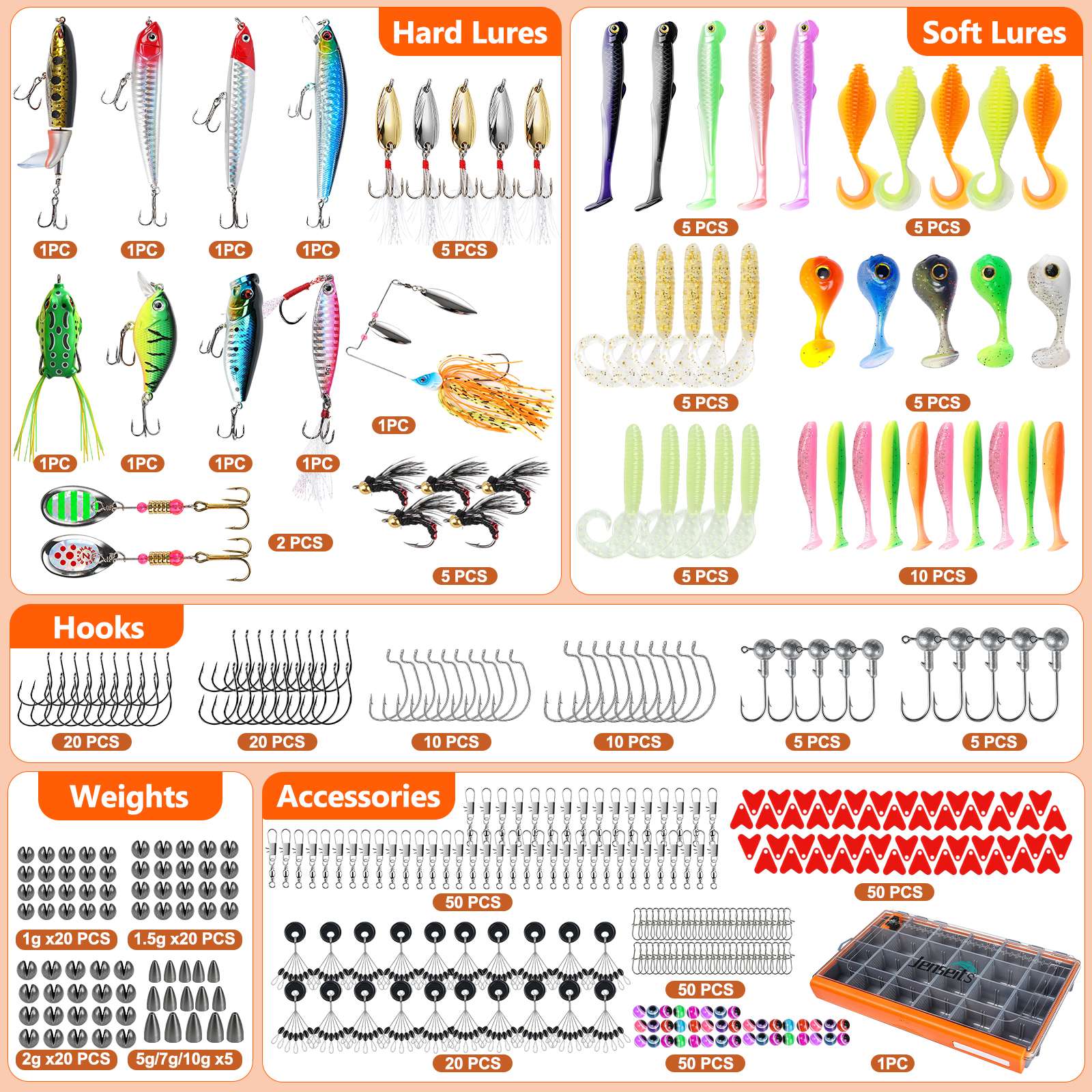 Jenseits Fishing Lure & Tackle Kit – 183/255/422-Piece Sets, Empty Tackle Box Options