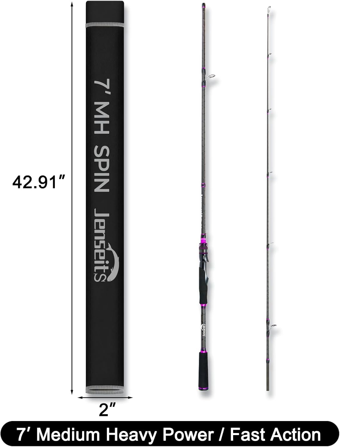 Jenseits Purple Carbon Fiber Fishing Rod Series 7 Ft, Spinning & Casting Rods with Stainless Steel Ceramic Guides, Fast Action Fishing Pole for Bass, Trout, Walleye & Surf Fishing