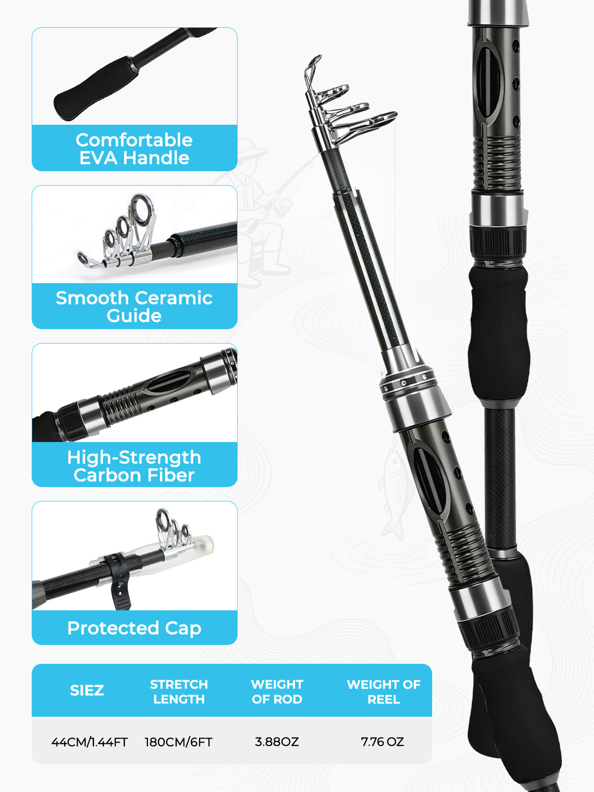 6’0” Telescopic Spinning Rod and Reel Combo - Medium Power, 24-Ton Carbon Fiber, with Lures, Line & Carrier Bag | Jenseits
