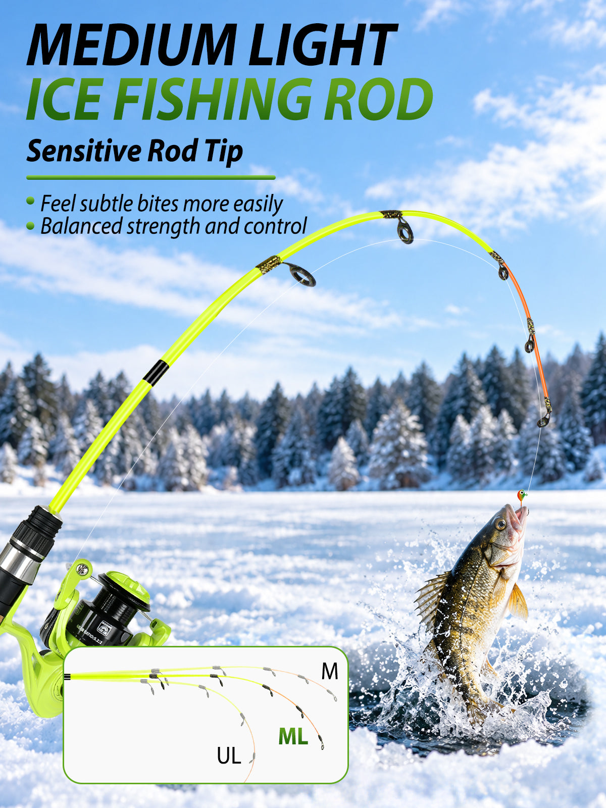 Jenseits 26/28 Inch Ice Fishing Rod & Reel Combo – Medium Light, Fast Action, with Tackle Kit