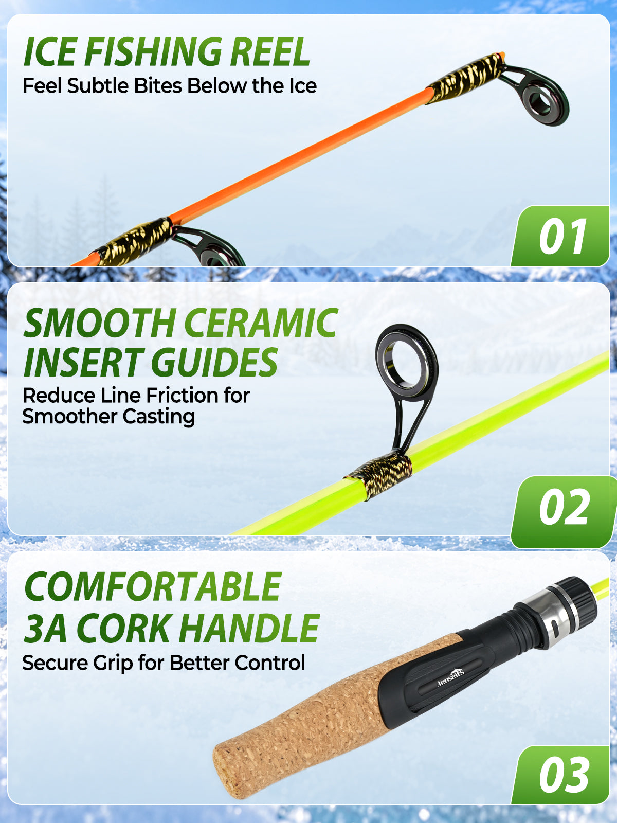 Jenseits 26/28 Inch Ice Fishing Rod & Reel Combo – Medium Light, Fast Action, with Tackle Kit