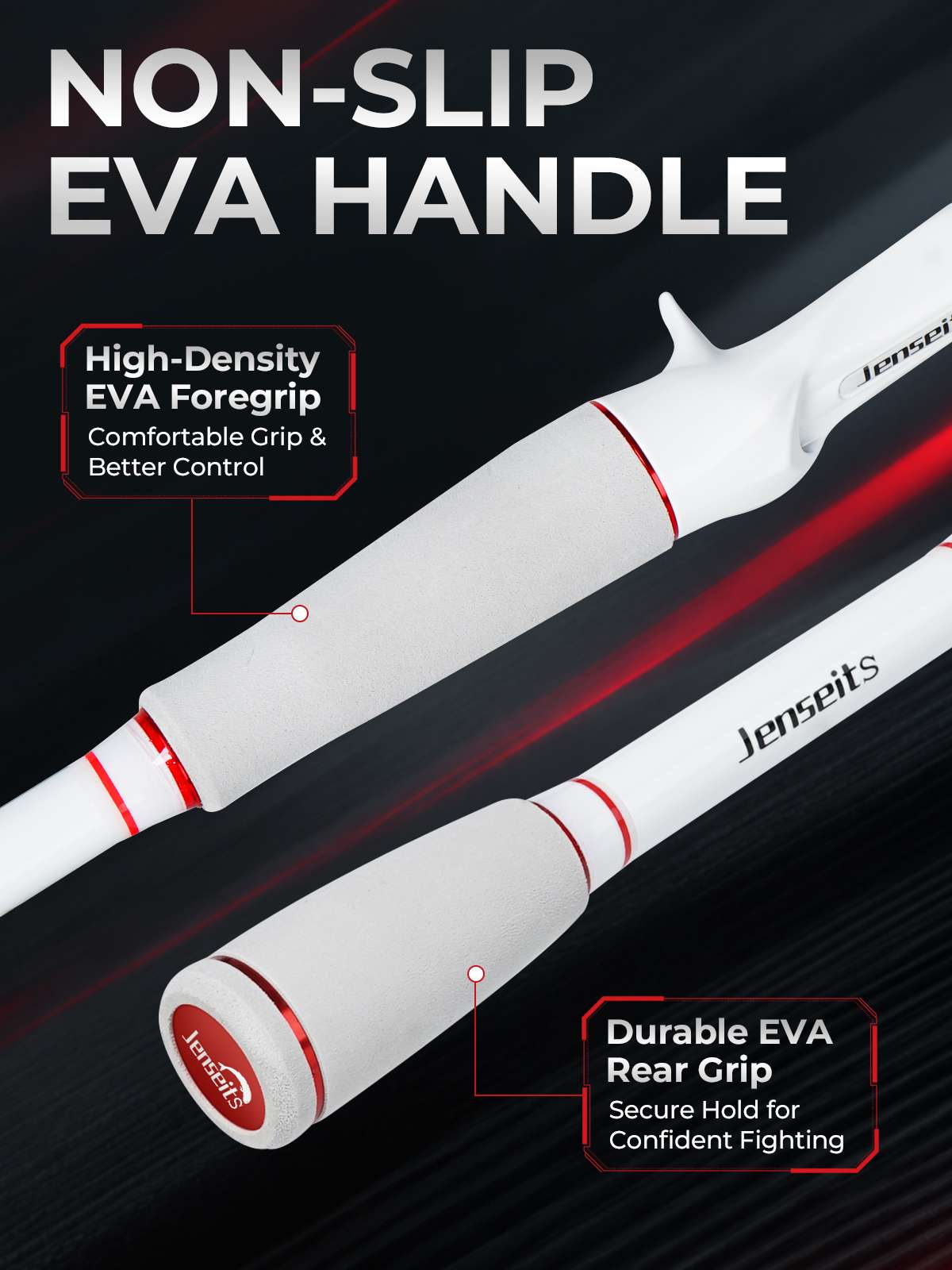 Jenseits 7'0" White & Red Carbon Fiber Spinning & Casting Rod – Medium Heavy, 2-Piece, EVA Handle