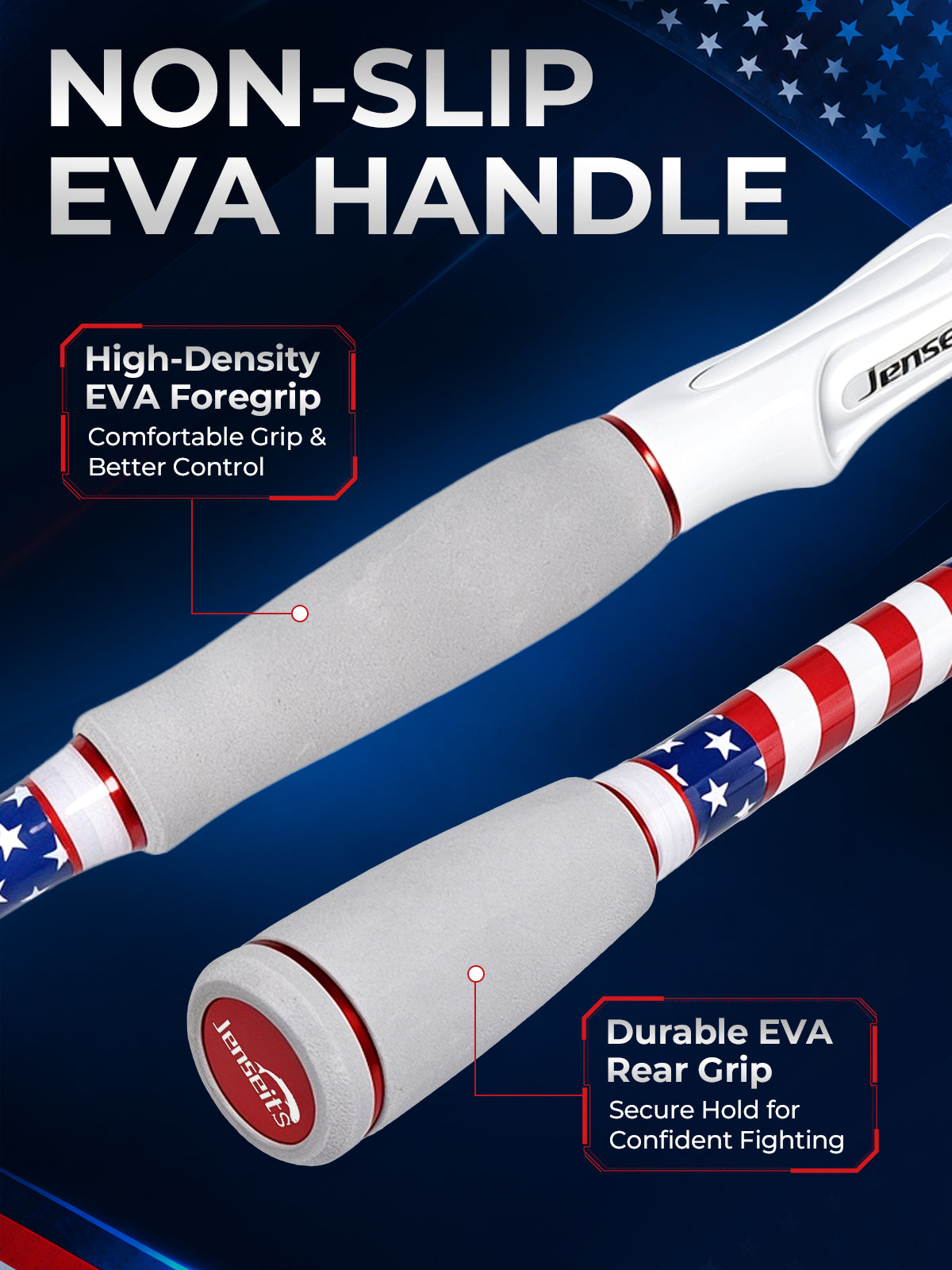 Jenseits 7'0" American Flag Carbon Fiber Spinning & Casting Rod – Medium Heavy, 2-Piece, EVA Handle