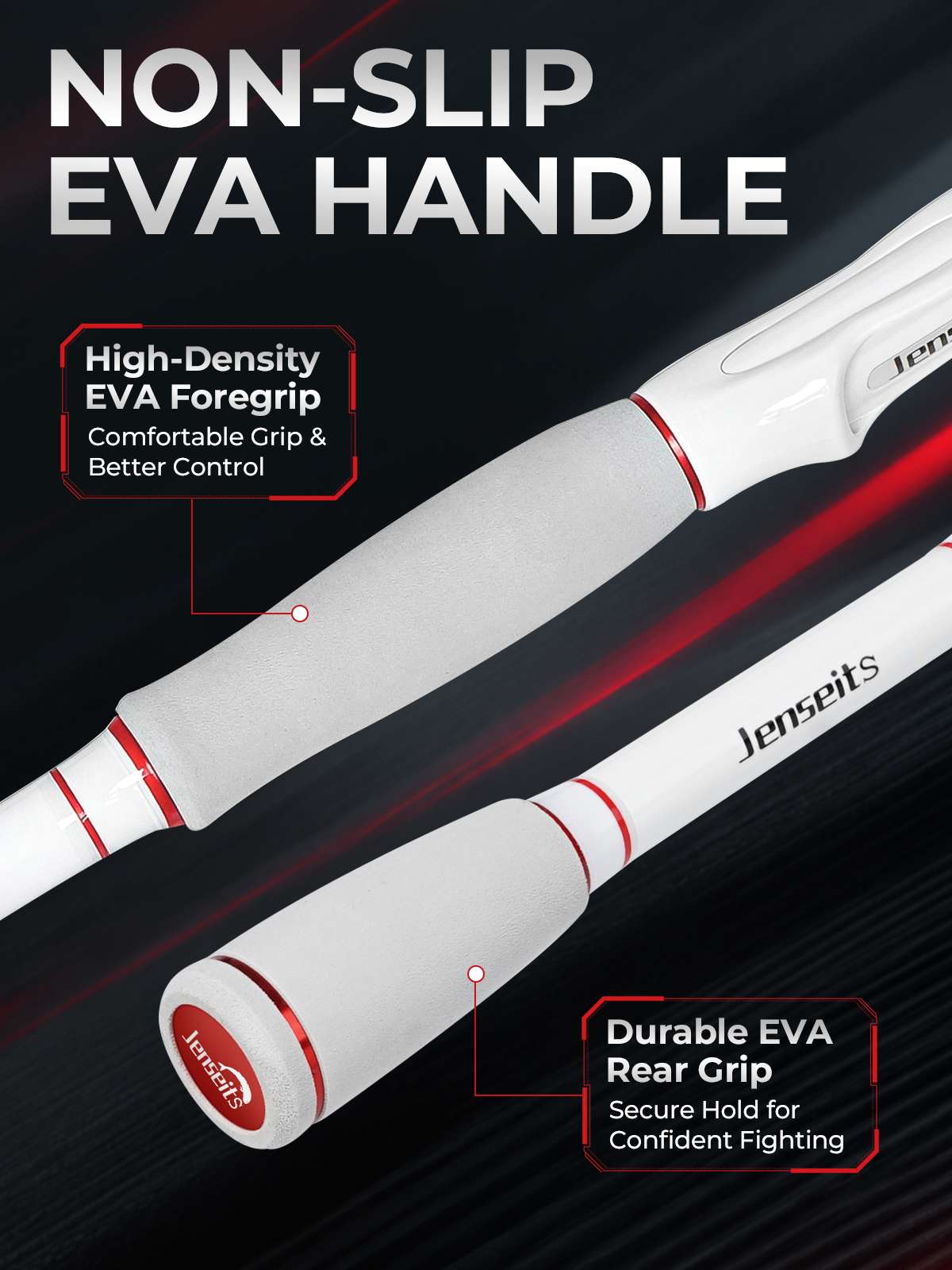Jenseits 7'0" White & Red Carbon Fiber Spinning & Casting Rod – Medium Heavy, 2-Piece, EVA Handle