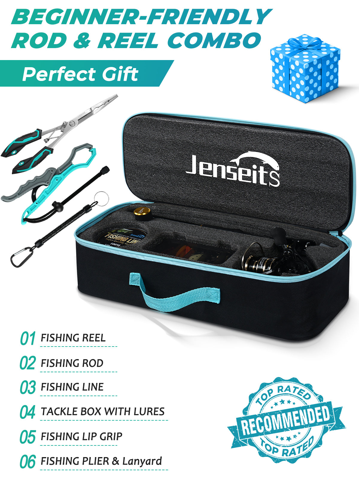 6’0” Telescopic Spinning Rod and Reel Combo with Lures, Line Fish Gripper, Plier & Carrier Bag | Jenseits