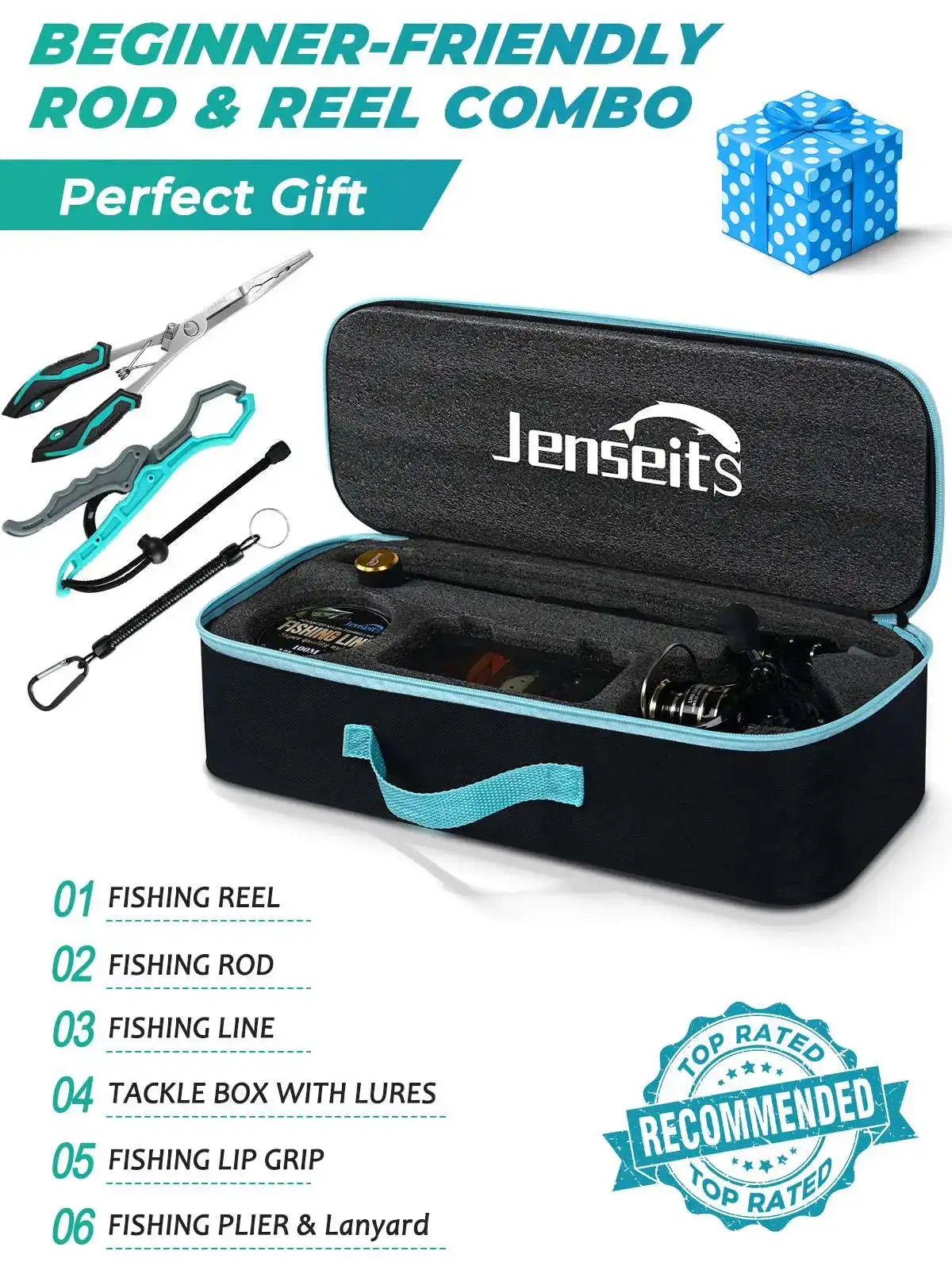6’0” Telescopic Spinning Rod and Reel Combo with Lures, Line Fish Gripper, Plier & Carrier Bag | Jenseits