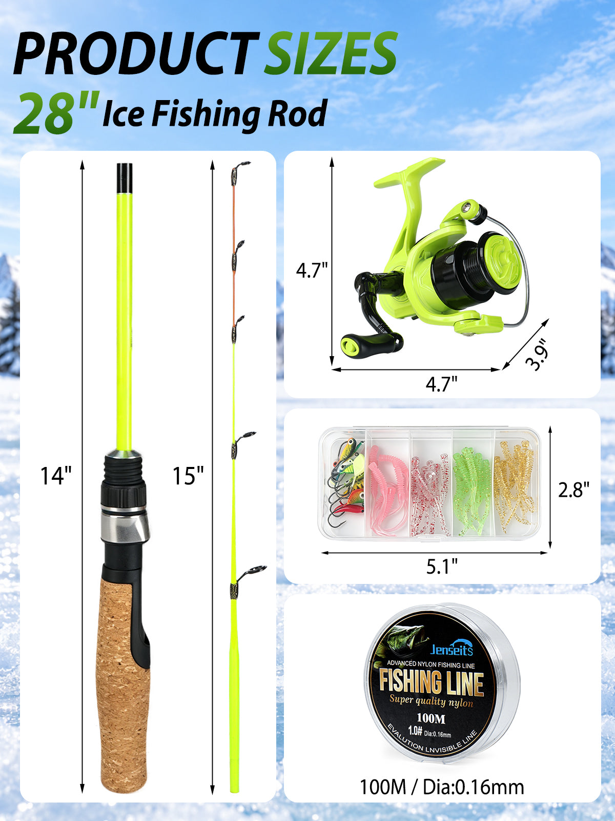 Jenseits 26/28 Inch Ice Fishing Rod & Reel Combo – Medium Light, Fast Action, with Tackle Kit