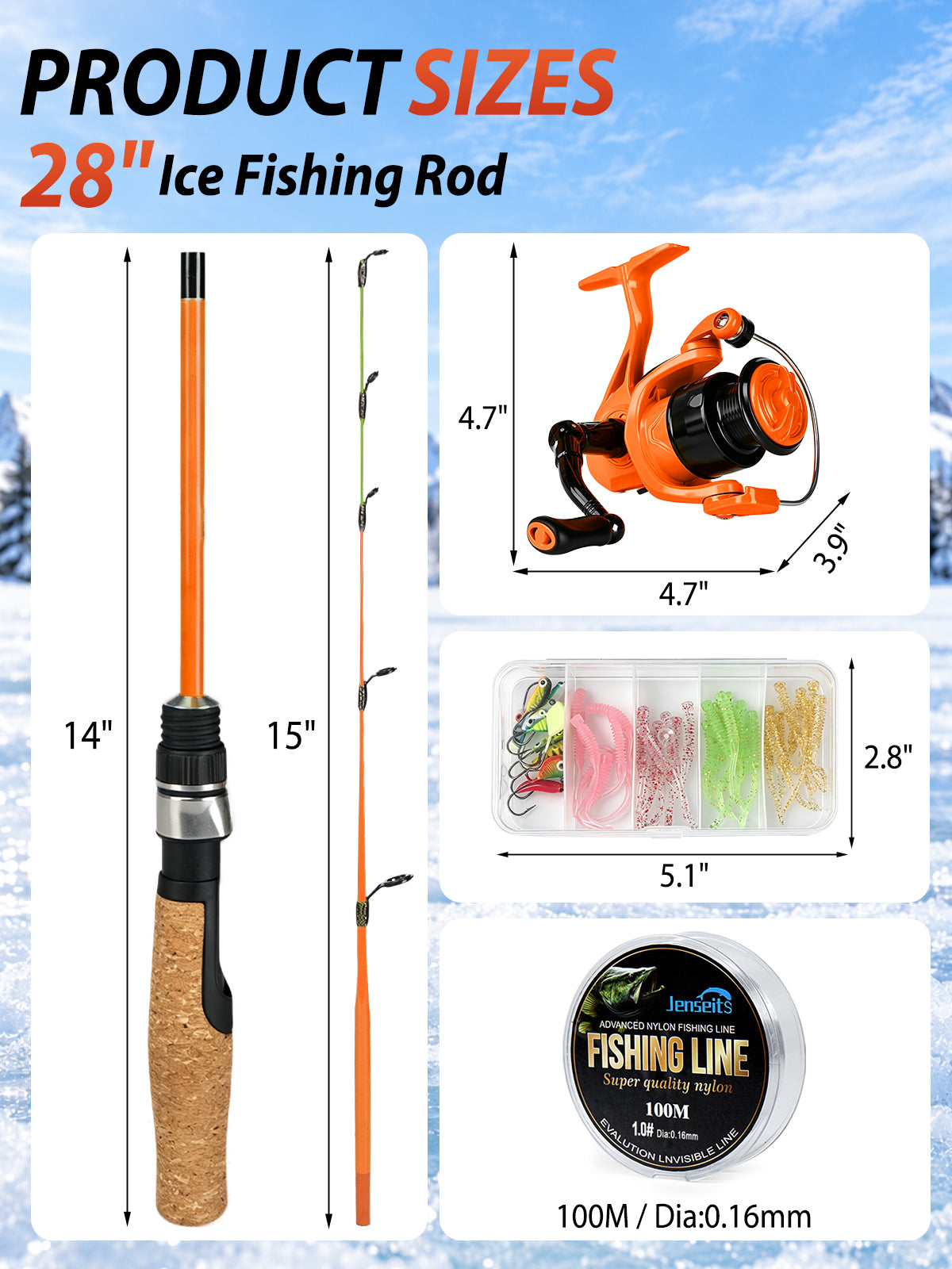 Jenseits 26/28 Inch Ice Fishing Rod & Reel Combo – Medium Light, Fast Action, with Tackle Kit