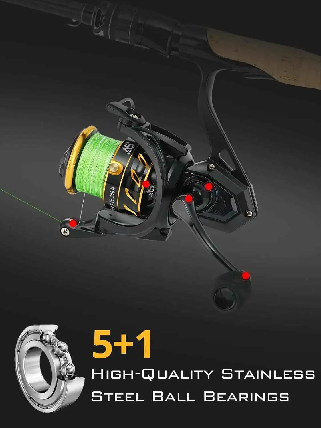 LK2000 Spinning Reel - 5.1:1 Gear Ratio, 5+1 Bearings, 18lb Max Drag, 8.9oz, Ambidextrous