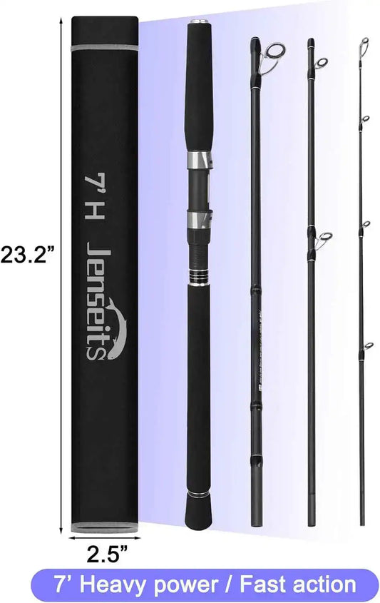 7'0" Travel Spinning Rod - 4-Piece Heavy Power Moderate Fast Action Carbon Fiber, 6+1 Guides, EVA Handle, Includes Bag by Jenseits