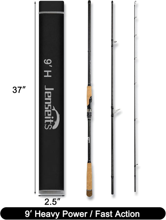 Jenseits Fishing Rods, Carbon Fiber Spinning & Casting Poles, Saltwater Resistant Guides, 7'/8'/9'/10'/12'-Portable 2/3/4/-Piece & Telescopic Designs, Cork/EVA Grip for Bass Trout Inshore & Surf