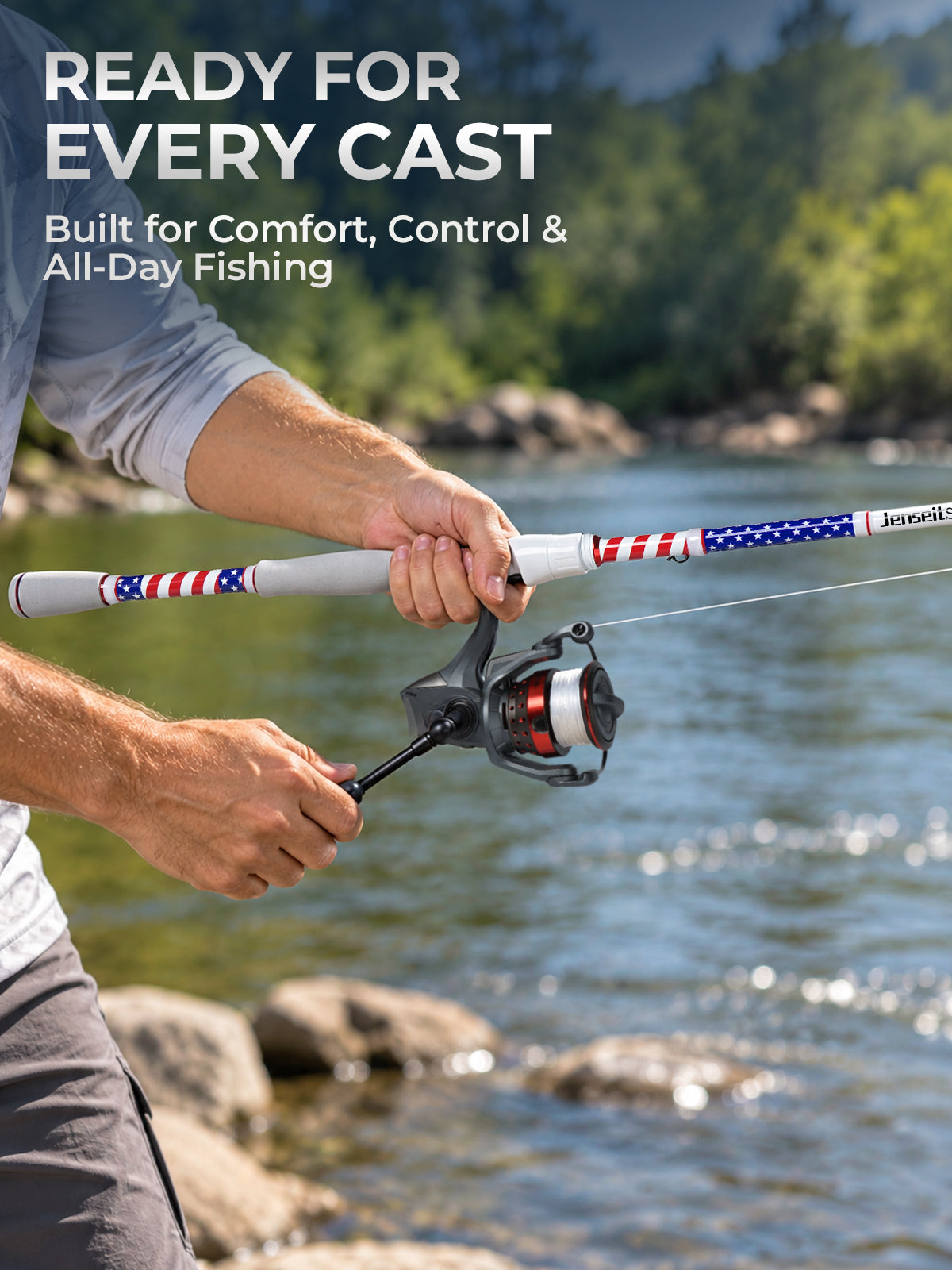 Jenseits 7'0" American Flag Carbon Fiber Spinning & Casting Rod – Medium Heavy, 2-Piece, EVA Handle