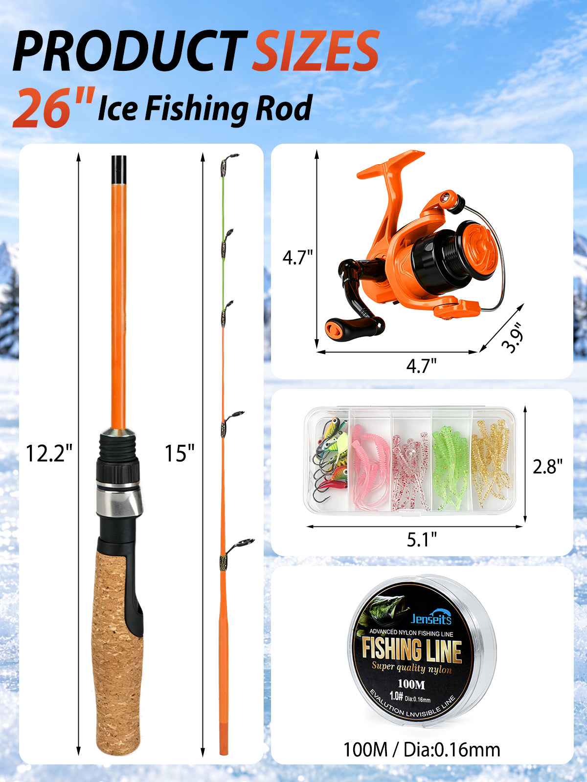 Jenseits 26/28 Inch Ice Fishing Rod & Reel Combo – Medium Light, Fast Action, with Tackle Kit