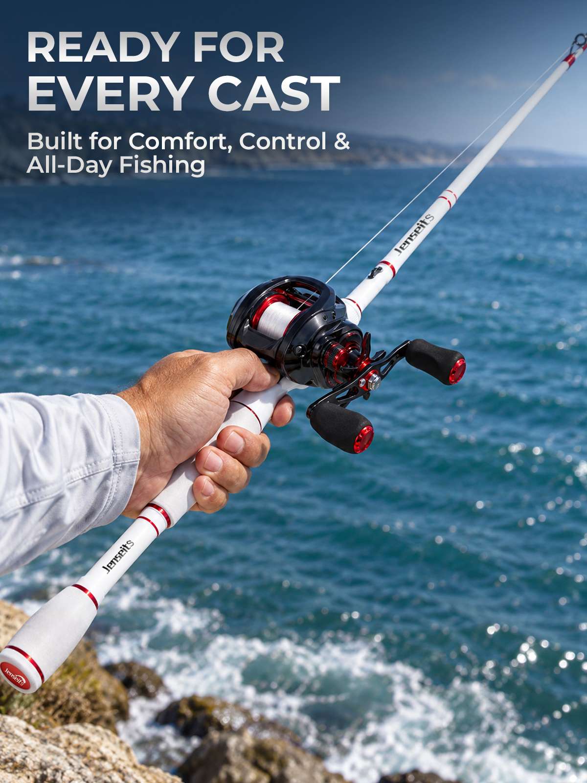Jenseits 7'0" White & Red Carbon Fiber Spinning & Casting Rod – Medium Heavy, 2-Piece, EVA Handle