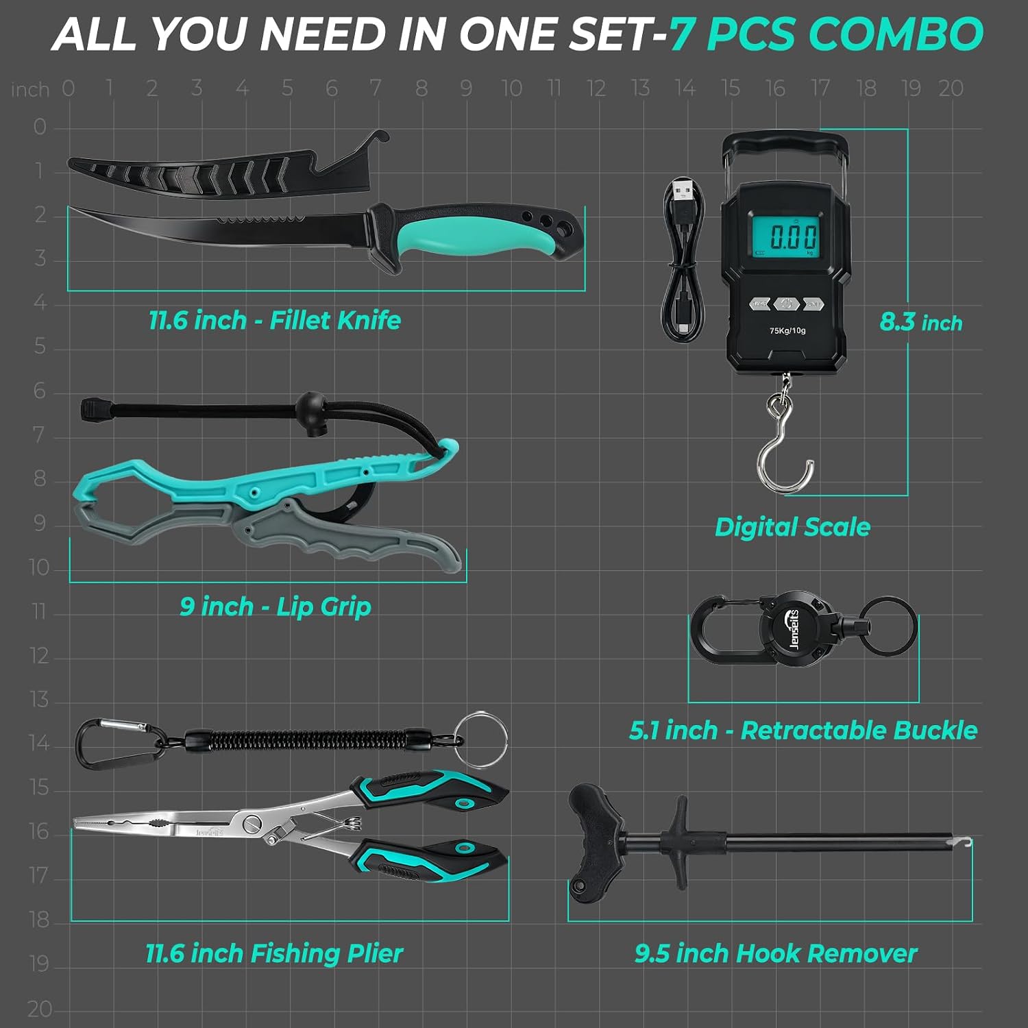 7-Piece Fishing Tool Set - 420 Stainless Steel with Fillet Knife, Pliers, Fish Gripper, Scale, Fish Stringer  & Floating Lanyard | Jenseits