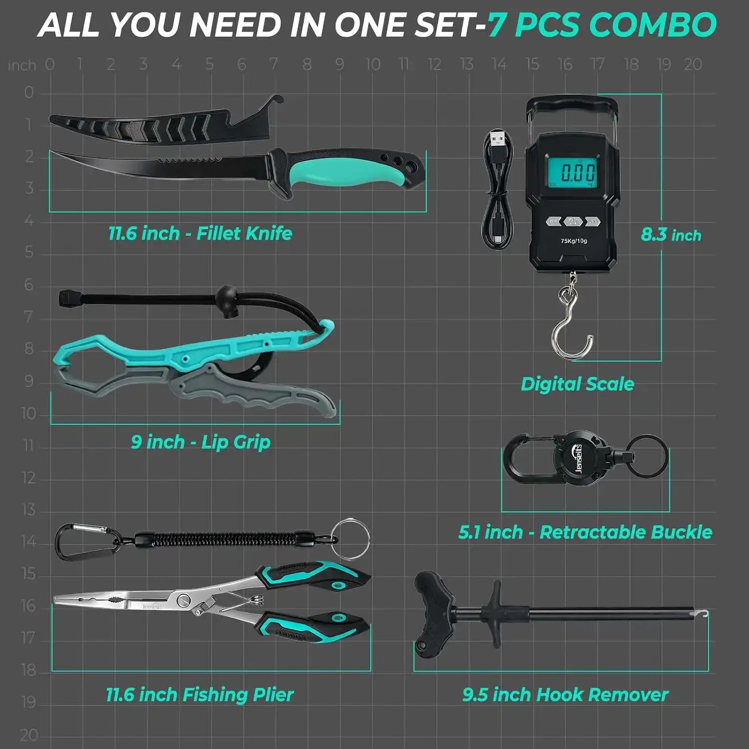 7-Piece Fishing Tool Set - 420 Stainless Steel with Fillet Knife, Pliers, Fish Gripper, Scale, Fish Stringer  & Floating Lanyard | Jenseits
