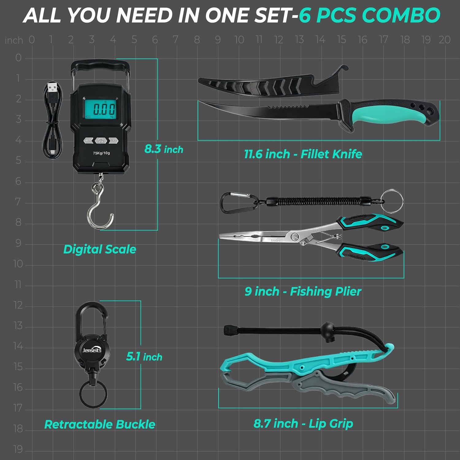 6-Piece Fishing Tool Set - 420 Stainless Steel with Fillet Knife, Pliers, Fish Gripper, Scale, Fish Stringer  & Floating Lanyard | Jenseits