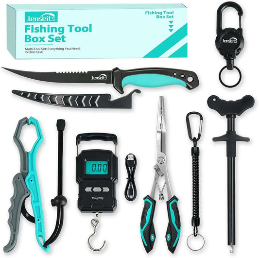 7-Piece Fishing Tool Set - 420 Stainless Steel with Fillet Knife, Pliers, Fish Gripper, Scale, Fish Stringer  & Floating Lanyard | Jenseits
