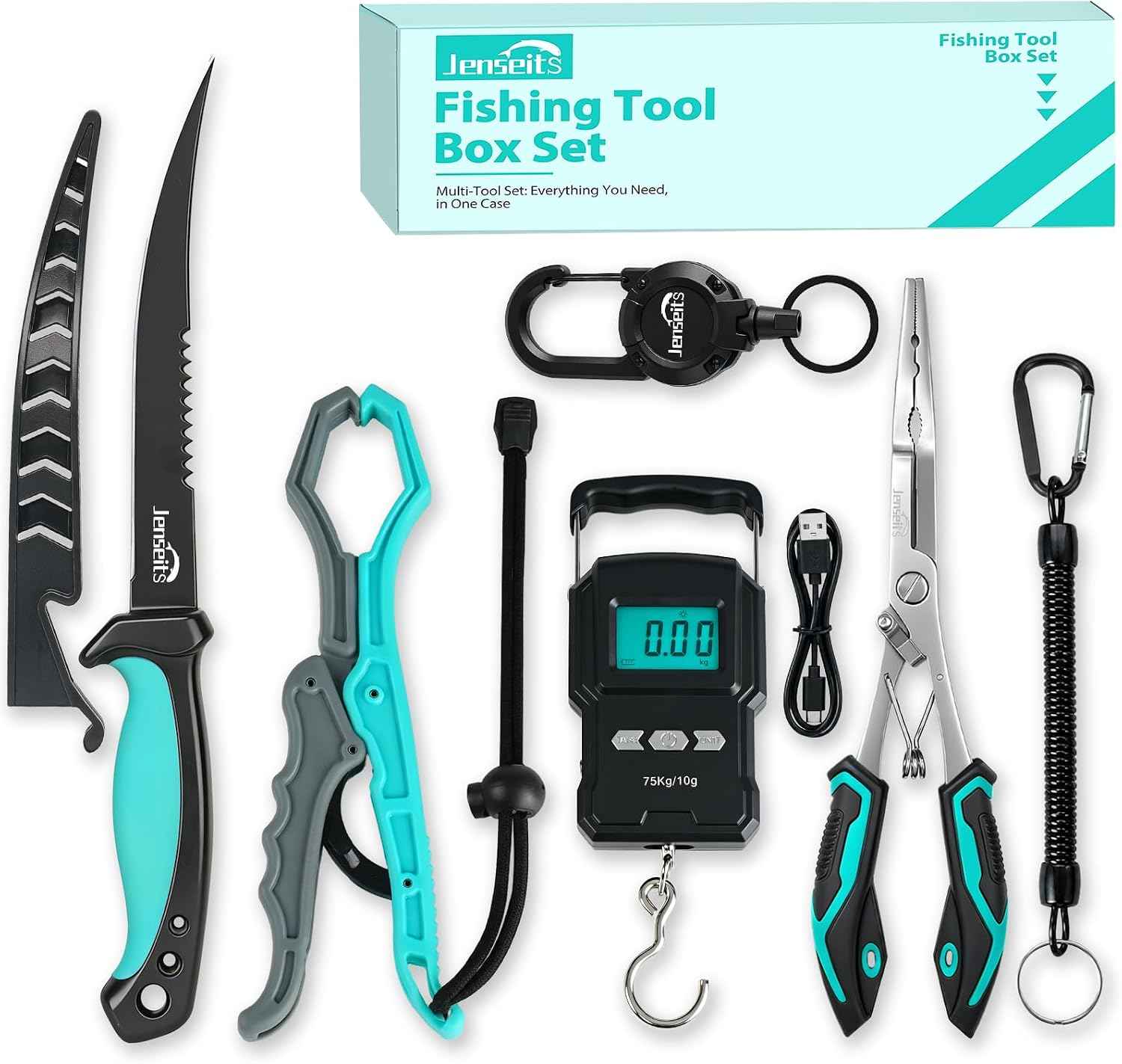 7-Piece Fishing Tool Set - 420 Stainless Steel with Fillet Knife, Pliers, Fish Gripper, Scale, Fish Stringer  & Floating Lanyard | Jenseits