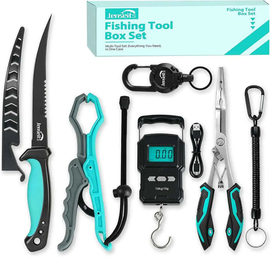 7-Piece Fishing Tool Set - 420 Stainless Steel with Fillet Knife, Pliers, Fish Gripper, Scale, Fish Stringer  & Floating Lanyard | Jenseits