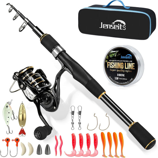 7’0” Telescopic Spinning Rod and Reel Combo with Lures, Line & Carrier Bag | Jenseits
