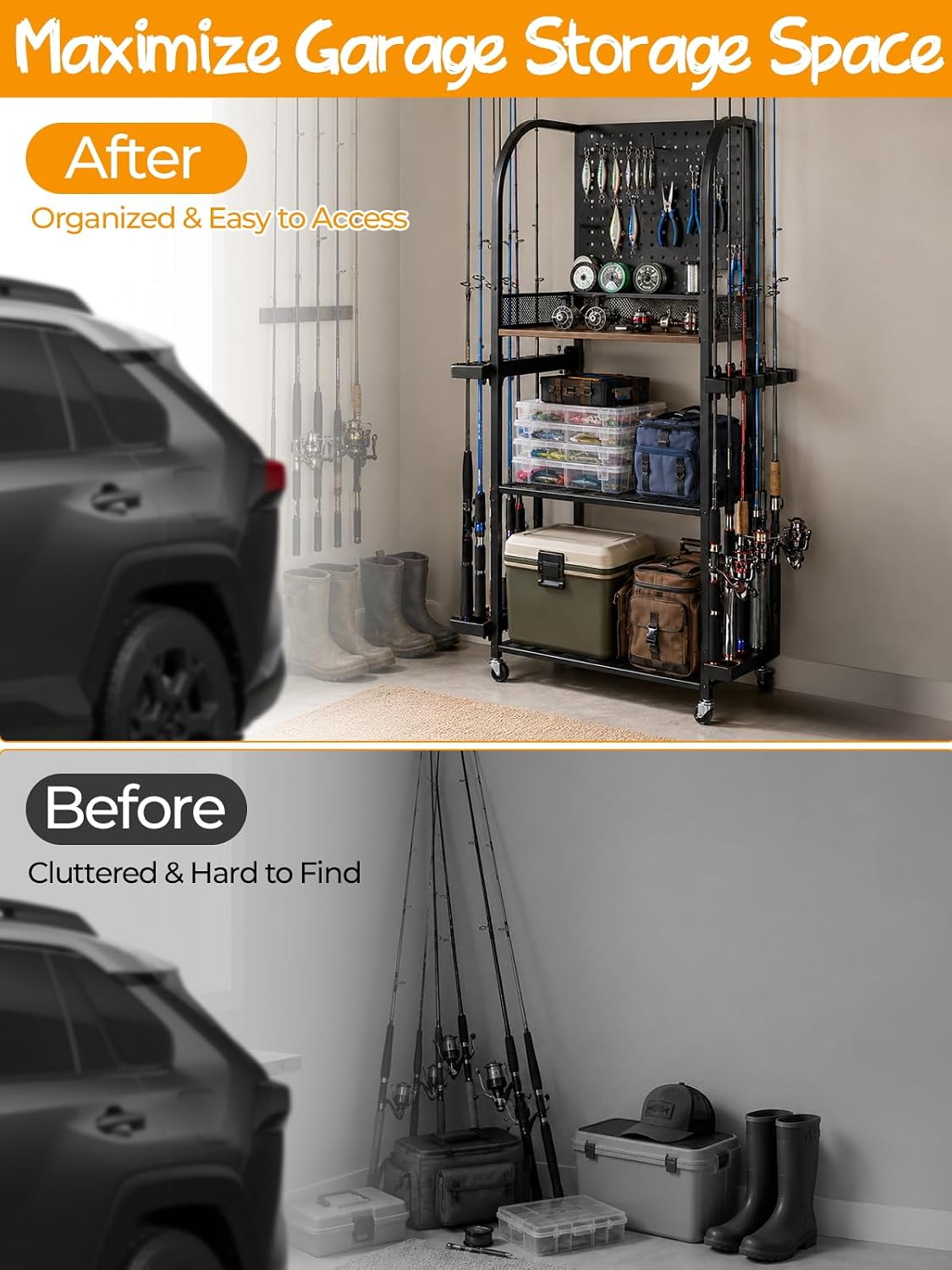 Fishing Rod Holders for Garage, Fishing Rod Rack Holds Up to 12 Rods | Jenseits