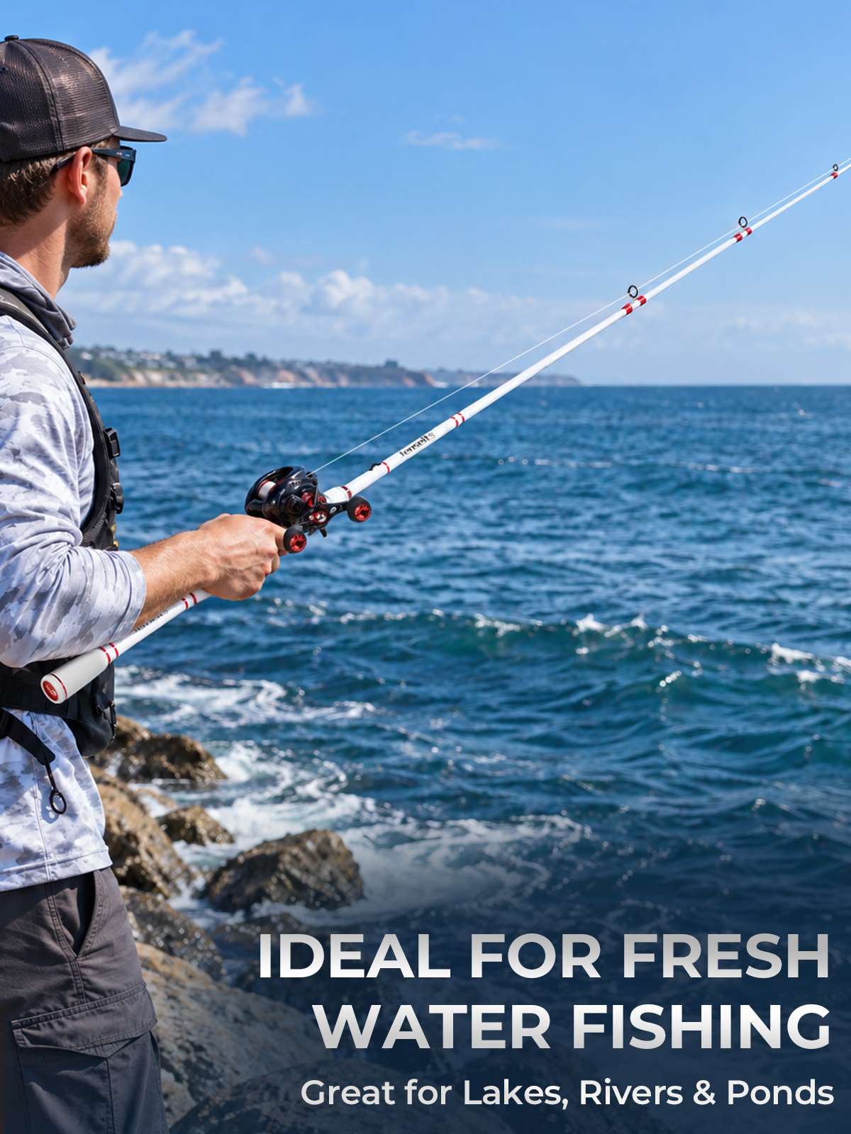 Jenseits 7'0" White & Red Carbon Fiber Spinning & Casting Rod – Medium Heavy, 2-Piece, EVA Handle