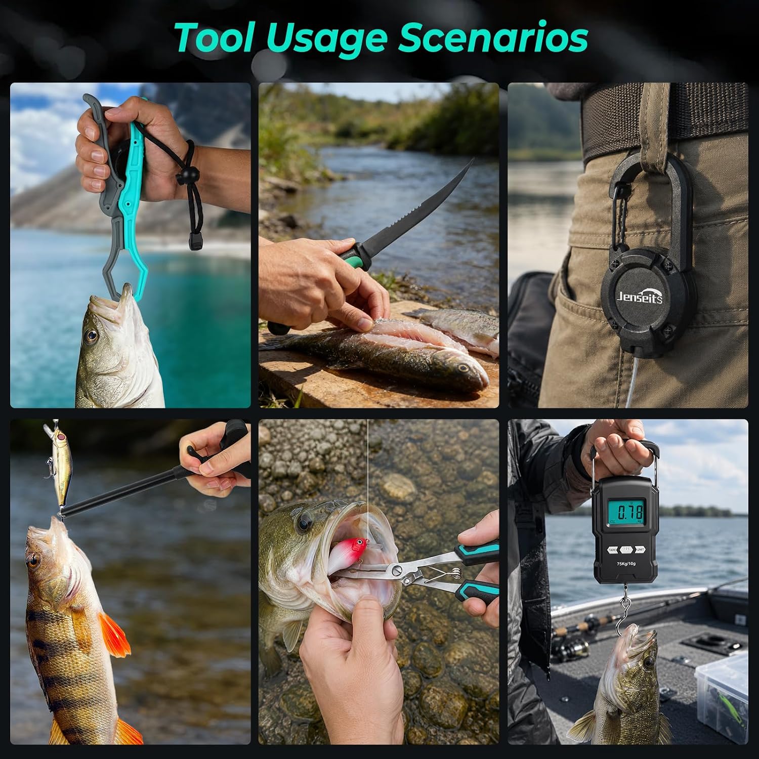 7-Piece Fishing Tool Set - 420 Stainless Steel with Fillet Knife, Pliers, Fish Gripper, Scale, Fish Stringer  & Floating Lanyard | Jenseits