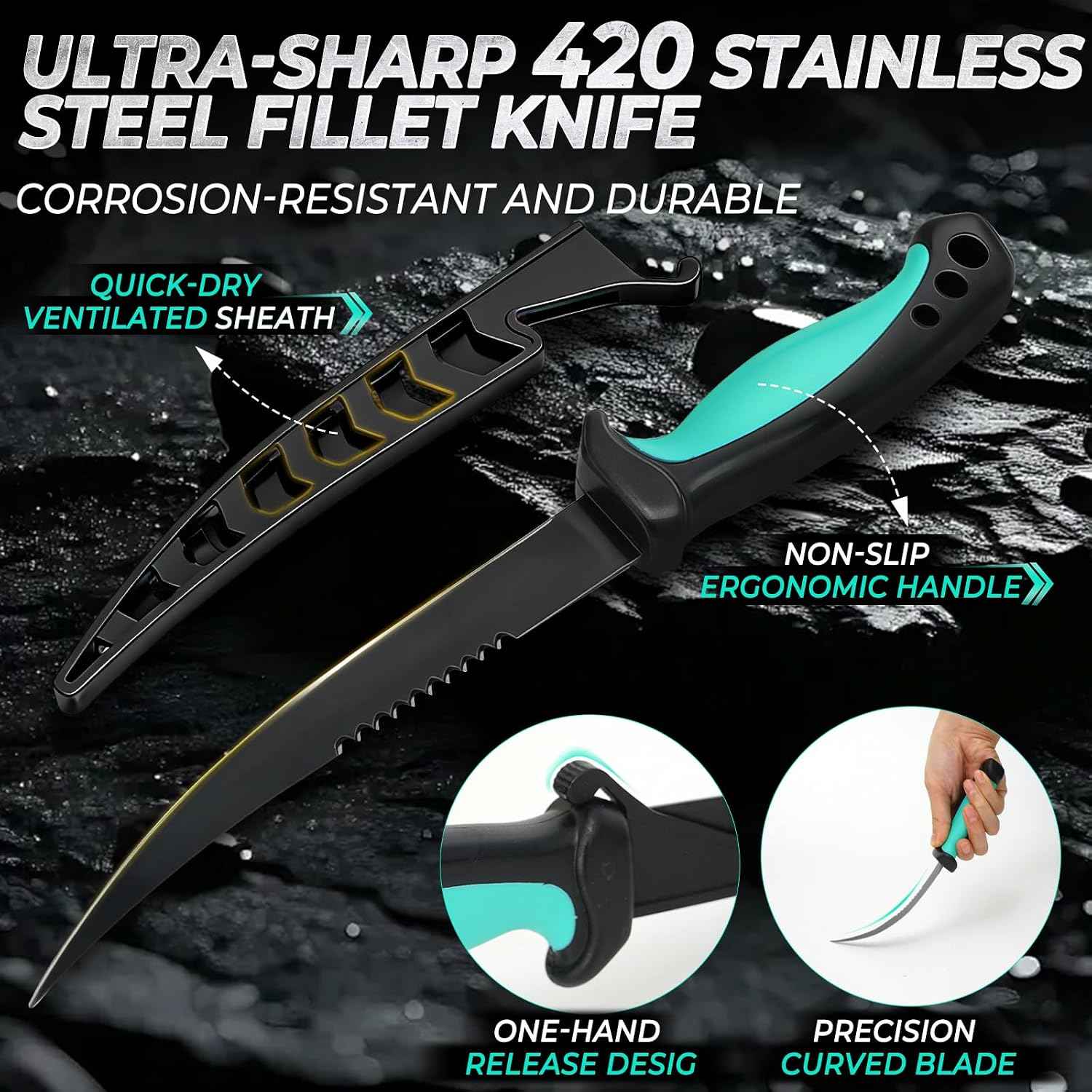 7-Piece Fishing Tool Set - 420 Stainless Steel with Fillet Knife, Pliers, Fish Gripper, Scale, Fish Stringer  & Floating Lanyard | Jenseits