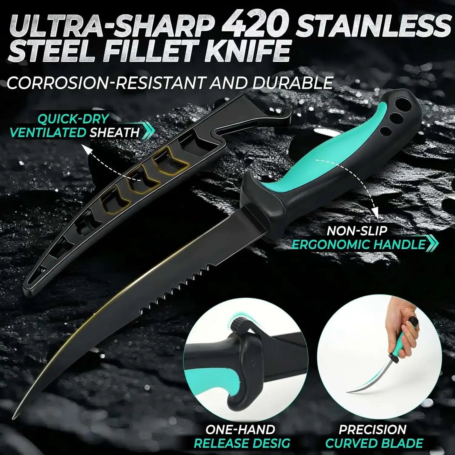 7-Piece Fishing Tool Set - 420 Stainless Steel with Fillet Knife, Pliers, Fish Gripper, Scale, Fish Stringer  & Floating Lanyard | Jenseits