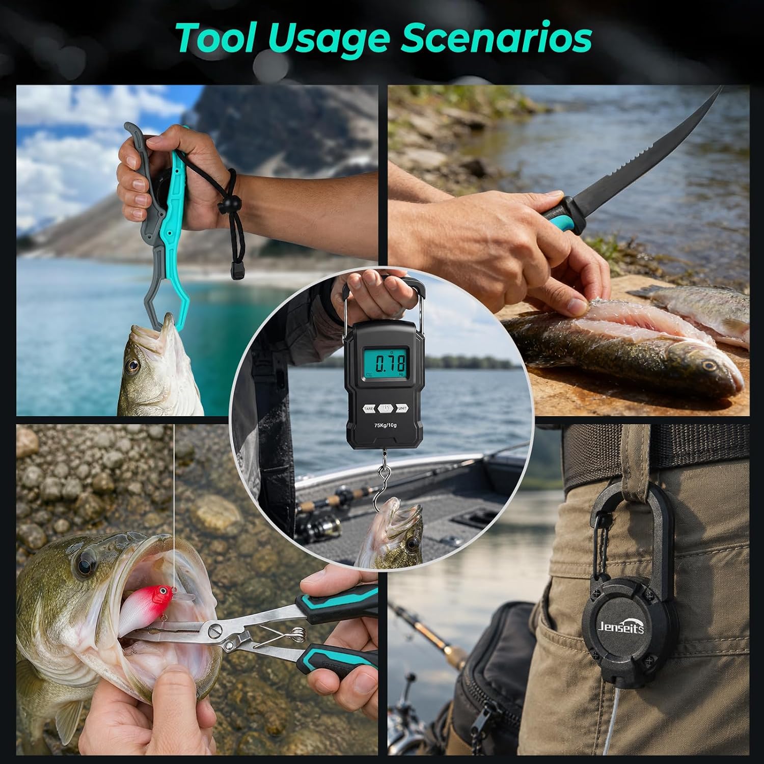 6-Piece Fishing Tool Set - 420 Stainless Steel with Fillet Knife, Pliers, Fish Gripper, Scale, Fish Stringer  & Floating Lanyard | Jenseits