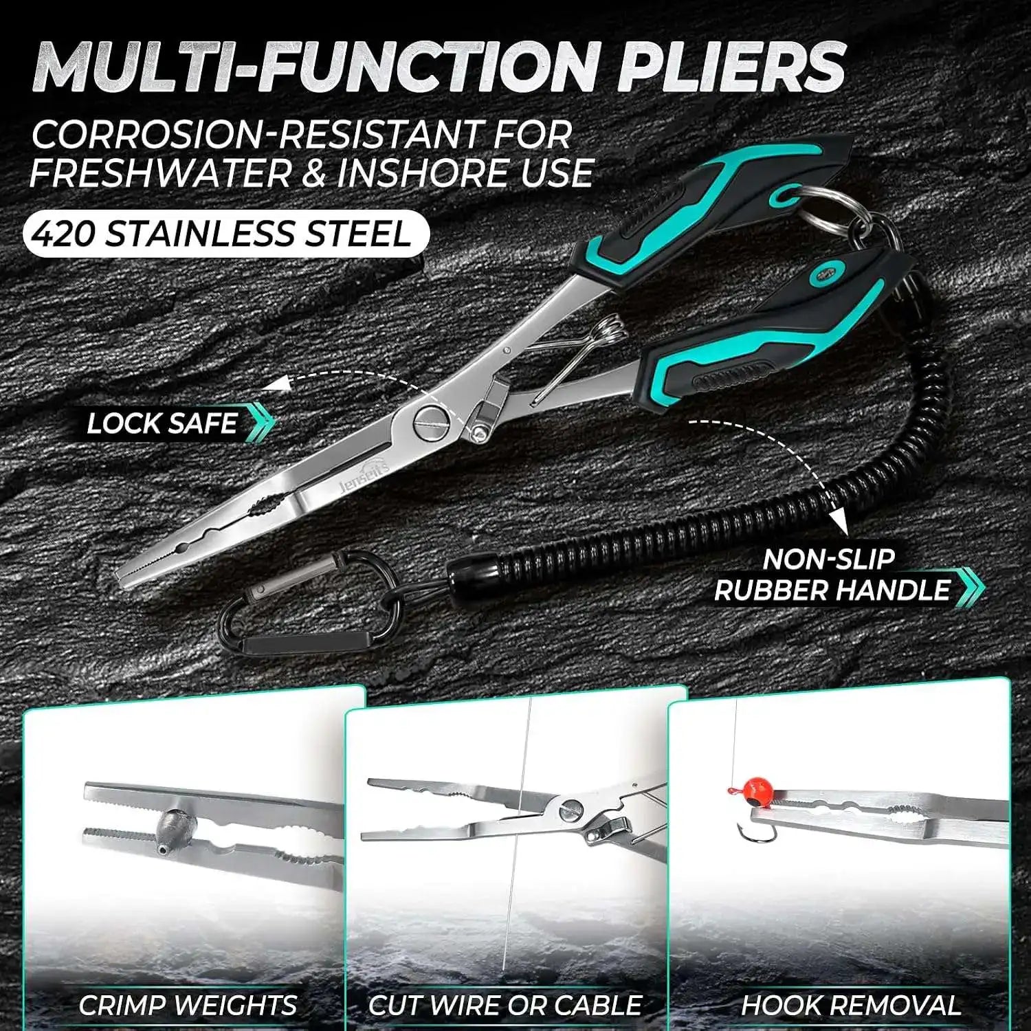 7-Piece Fishing Tool Set - 420 Stainless Steel with Fillet Knife, Pliers, Fish Gripper, Scale, Fish Stringer  & Floating Lanyard | Jenseits