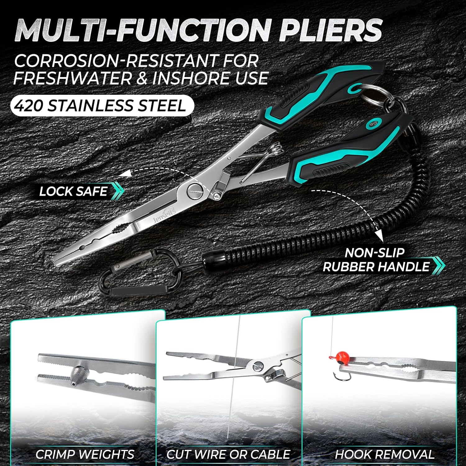 6-Piece Fishing Tool Set - 420 Stainless Steel with Fillet Knife, Pliers, Fish Gripper, Scale, Fish Stringer  & Floating Lanyard | Jenseits