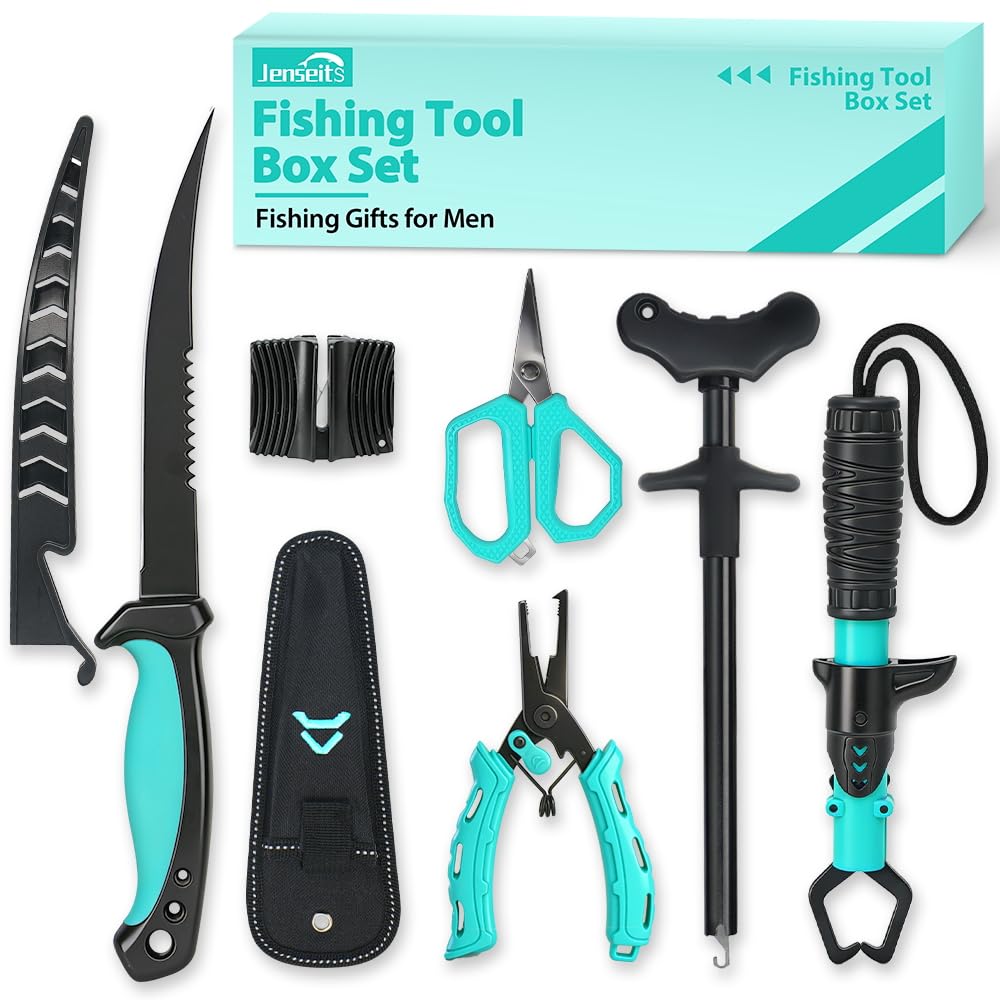 Jenseits Fishing Gear Set, 6PCS Fishing Tools Kit, Fishing Pliers, Corrosion Resistant Fillet Knife, Fish Lip Gripper, Hook Remover, Fishing Scissors & Sharpening Stone, Fishing Gift for Men & Anglers