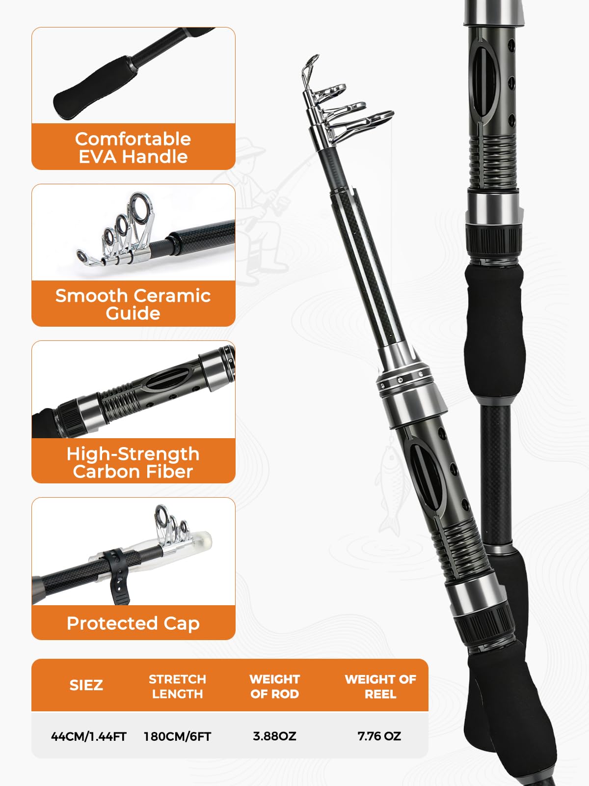6Ft Fishing Rod and Reel Combo - Carbon Fiber Telescopic Fishing Pole with Spinning Reel 5.2:1 Gear Ratio - Portable Travel Fishing Kit with Lures, Line & Carrier Bag for Beginner Adults