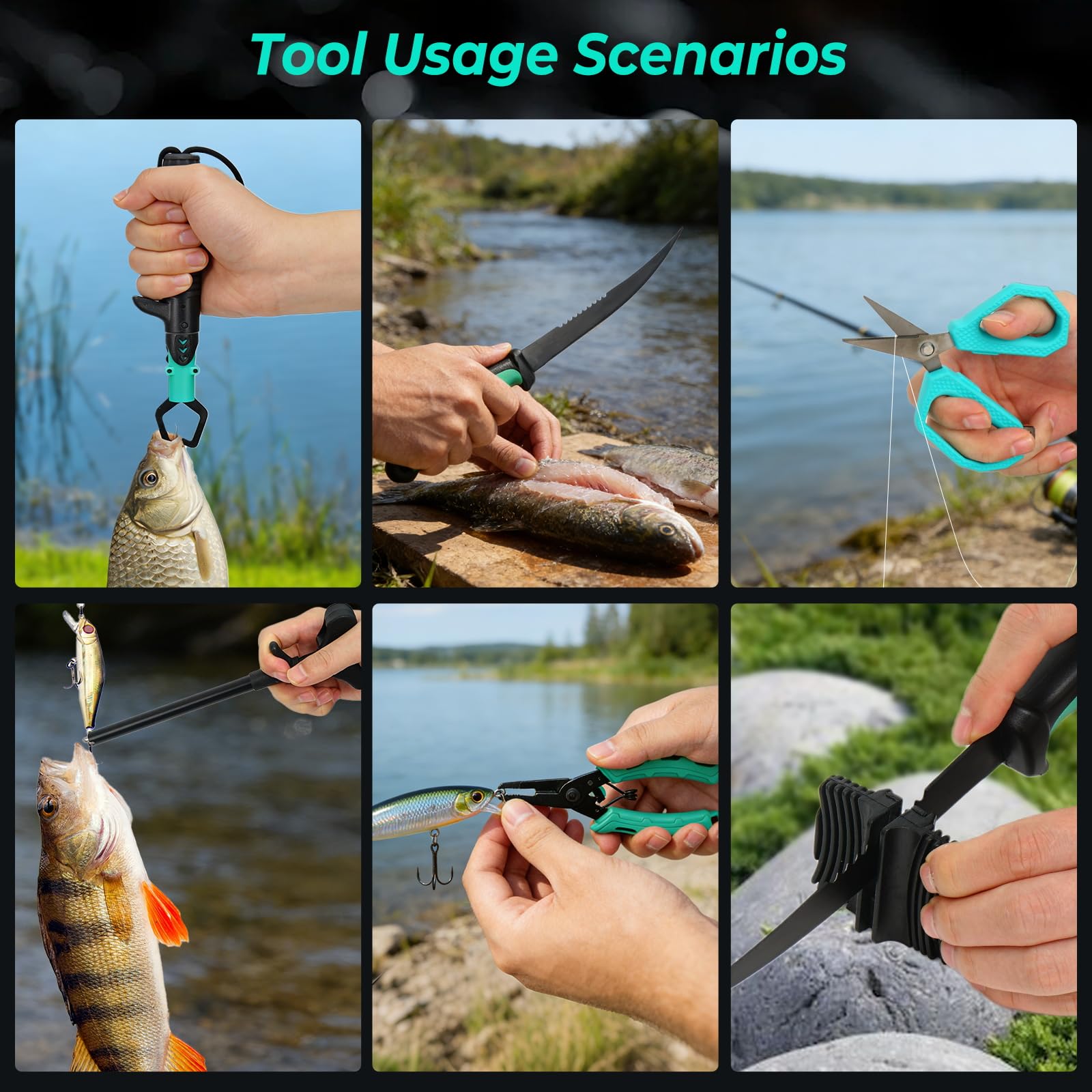 Jenseits Fishing Gear Set, 6PCS Fishing Tools Kit, Fishing Pliers, Corrosion Resistant Fillet Knife, Fish Lip Gripper, Hook Remover, Fishing Scissors & Sharpening Stone, Fishing Gift for Men & Anglers